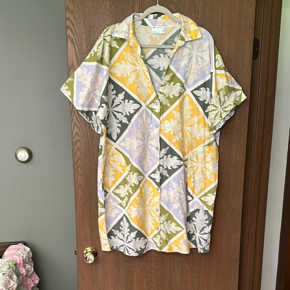 Geometric Leaf Pattern Casual Shirt Dress
